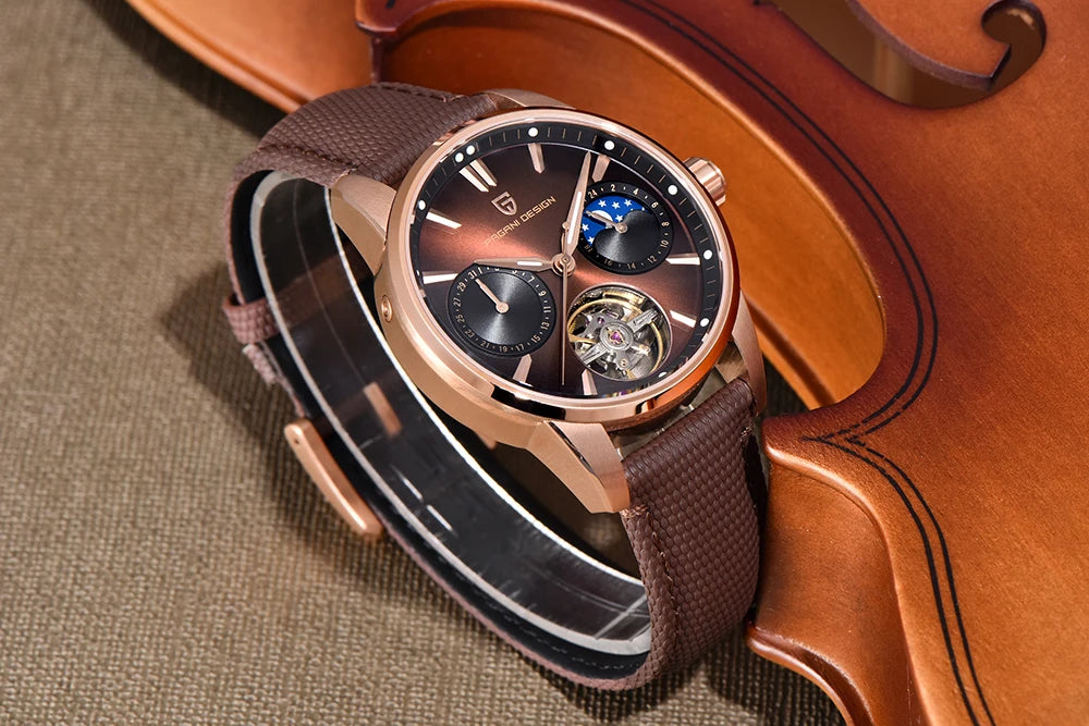 PAGANI DESIGN – Luxe mechanisch herenhorloge, 41 mm, saffierglas, leren band, waterdicht, pilotenstijl, met tourbillon en maanfase