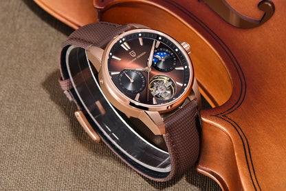 PAGANI DESIGN – Luxe mechanisch herenhorloge, 41 mm, saffierglas, leren band, waterdicht, pilotenstijl, met tourbillon en maanfase