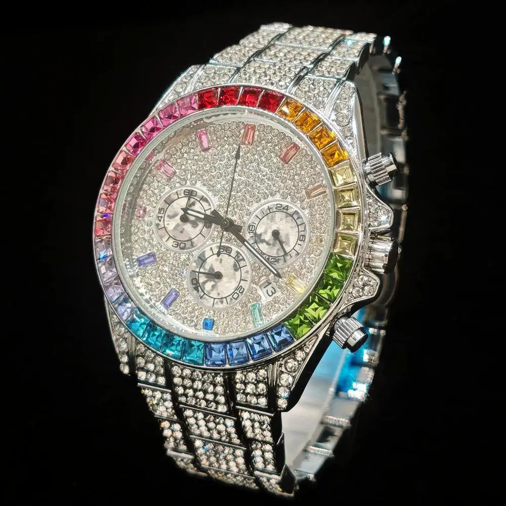 2025 Top Luxury Watch For Men Fashion Ice Diamond Hip Hop Rainbow Diamond Multifunction Man Quartz Wristwatch Gift Dropshipping