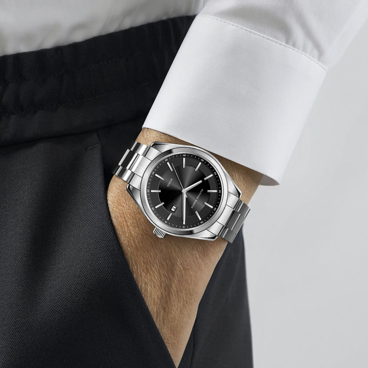HANNAH MARTIN kvartsur, 40 mm, til mænd, sort armbånd i rustfrit stål, vandtæt til 3 bar, sport-chic stil