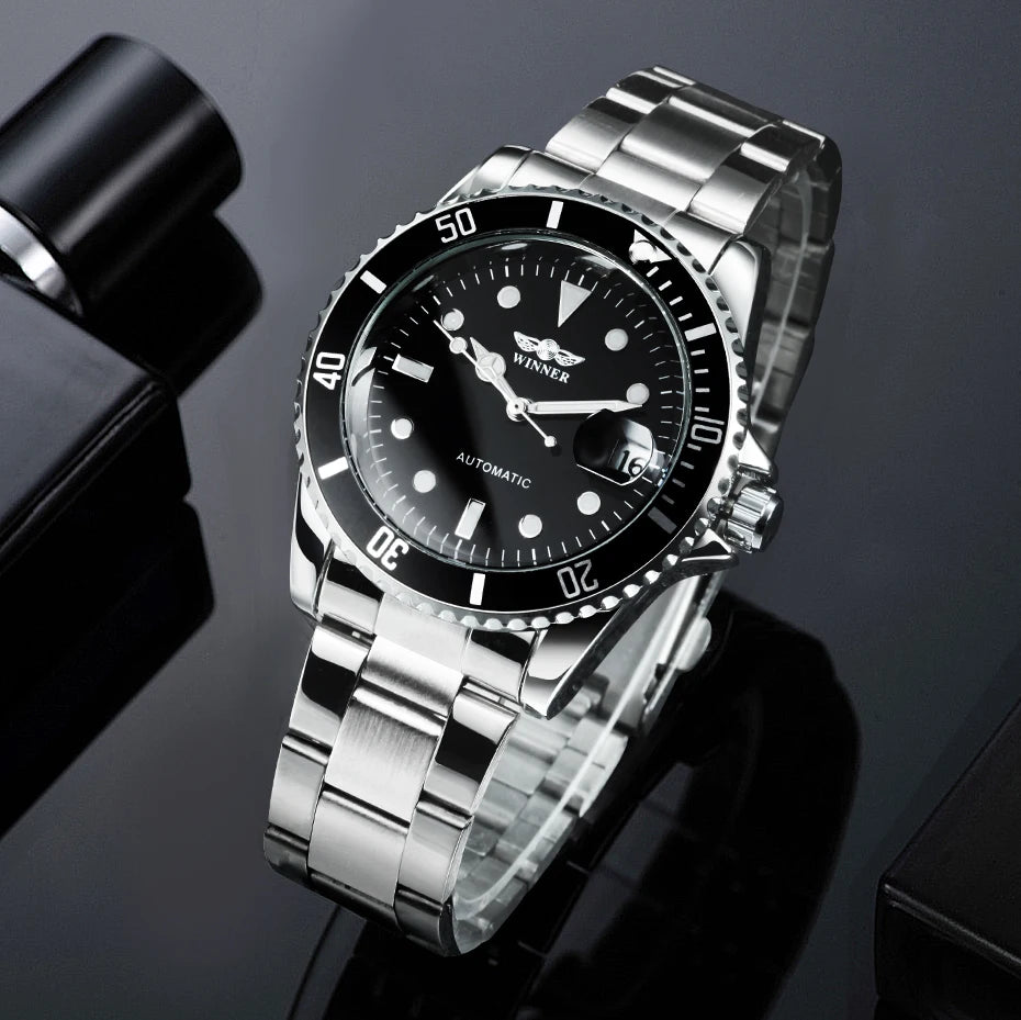 Orologio meccanico classico da uomo – Marchio di lusso, stile professionale, movimento automatico, lunetta girevole, quadrante luminescente, bracciale in acciaio