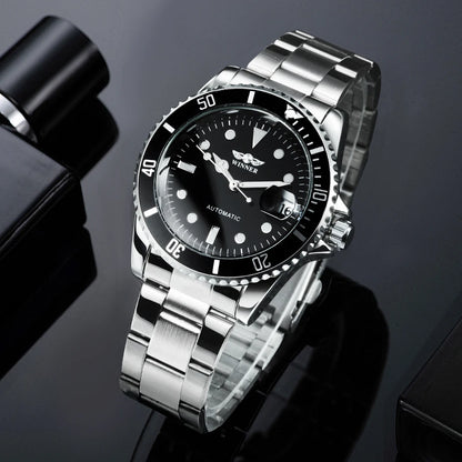 Orologio meccanico classico da uomo – Marchio di lusso, stile professionale, movimento automatico, lunetta girevole, quadrante luminescente, bracciale in acciaio