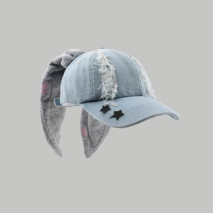 Celebrity-Inspired Niche Rabbit Ear Denim Ripped Baseball Cap Washed Graffiti Hip-Hop Sun Hat Trendy Cap
