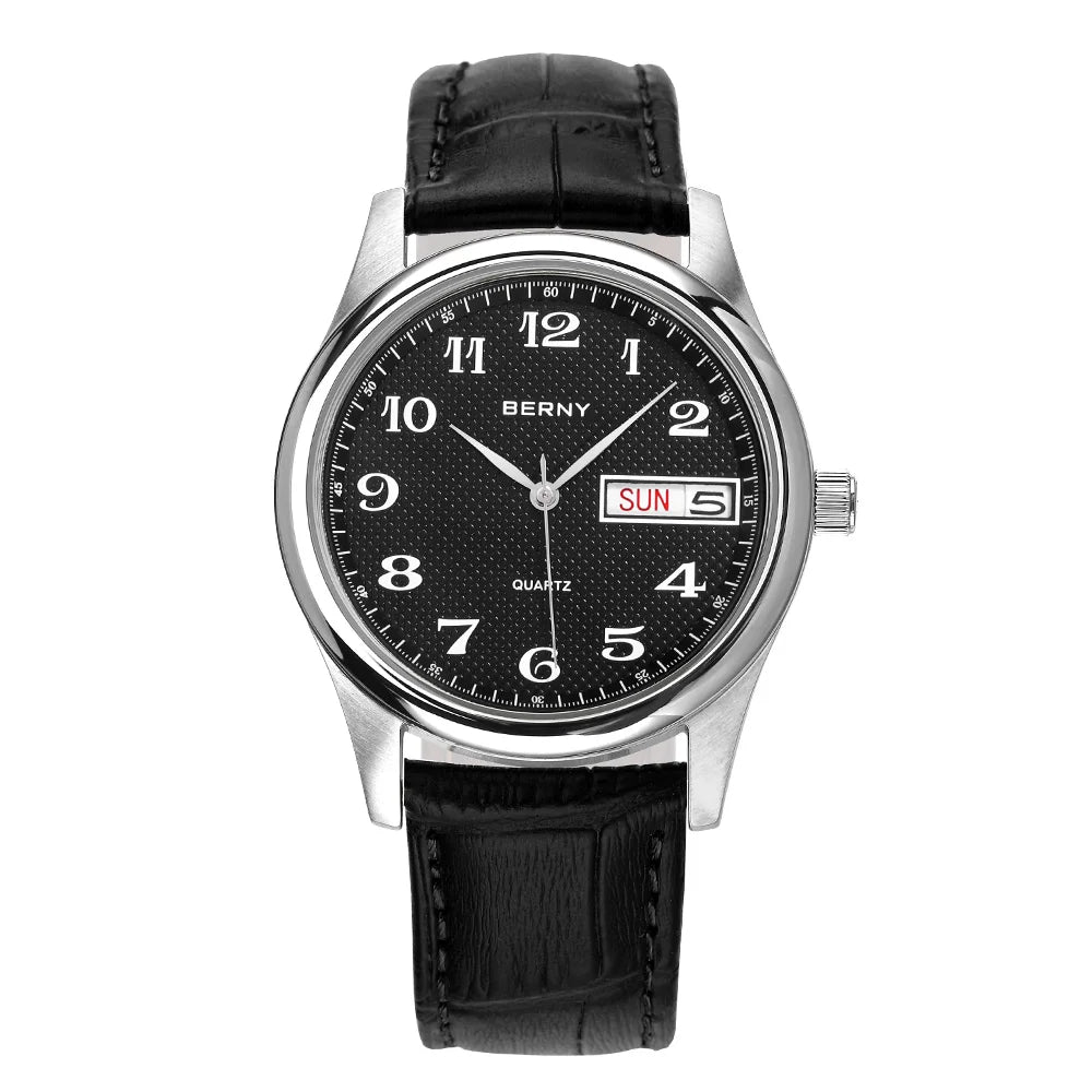 BERNY Men's Watch Quartz Day Top Calendar Wristwatch Waterproof Blued Steel Hands Arabic Numerals Easy Read Relogio Masculino