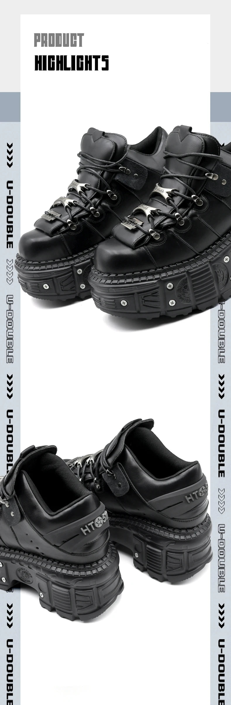 Damskor i punkstil, snörning, klackhöjd 6 cm, platåskor, gotiska ankelstövlar för kvinnor, rockstövlar, metalldekor, damsneakers