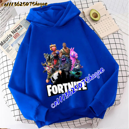FORTNITED Sweat-shirt pullover com capuz de manga comprida para criança, menina e menino, streetwear, moda anime, roupa infantil, top para bebé, presente
