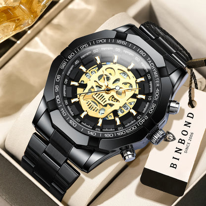 Montre-bracelet BINBOND pour homme, motif crâne squelette, à quartz précis, luxueuse, lumineuse, étanche, avec date automatique, robuste.