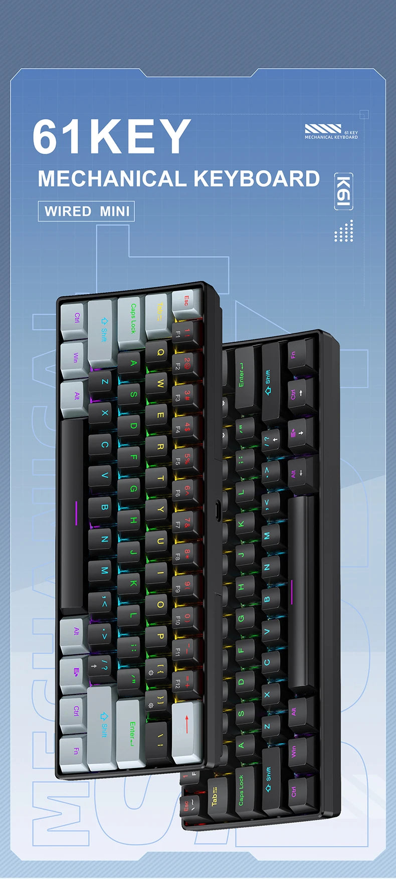 APAYADO K61 Mini-Mechanische Tastatur, kabelgebunden, 61 Tasten, Phantom RGB, schwarz/weiß, mechanische rote/blaue Switches für Gaming, 60% tragbar