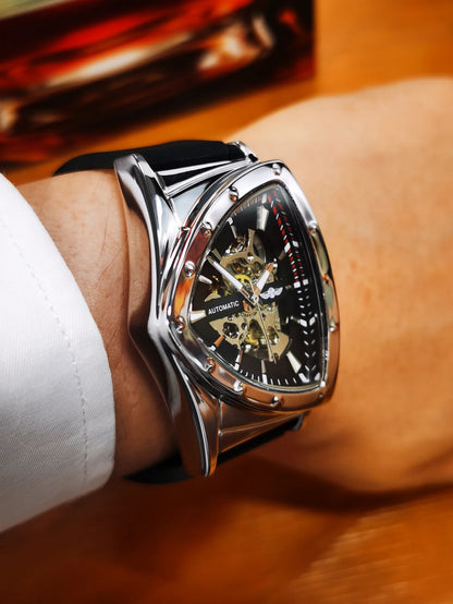 Orologio automatico da uomo WINNER, design scheletrato triangolare, lancette luminescenti, cinturino in gomma, stile militare, orologio meccanico di lusso