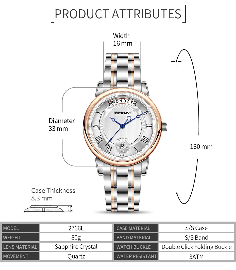 BERNY Women Watch Ladies Quartz Roman Numerals Day Top Calendar Watches Sapphire Glass Solid Steel Strap Women Wristwatch