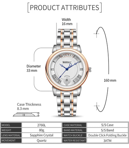 BERNY Women Watch Ladies Quartz Roman Numerals Day Top Calendar Watches Sapphire Glass Solid Steel Strap Women Wristwatch