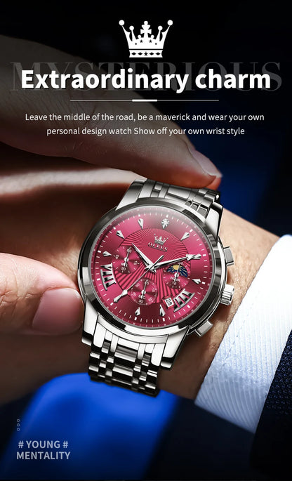 OLEVS Brand Fashion Red Watch For Men Luxury Sport Waterproof Stainless Steel Chronograph Quartz Watches Mens Relogio Masculino