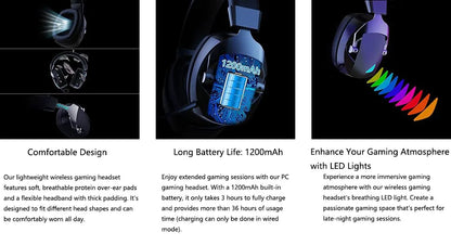Gaming Headset with Detachable Noise Cancelling Microphone – 3 Mode Wireless Bluetooth 5.3 2.4G USB & 3.5mm Wired Gaming Headset with 50mm Drivers