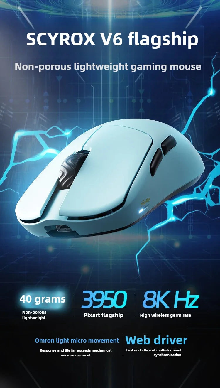 SCYROX V6 neporézna bezdrôtová esports myš 40g 750IPS s 8k prijímačom, rýchlou odozvou 3950, vysokokvalitná 8KHz herná myš