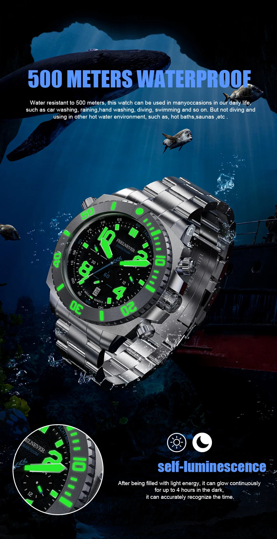 FeelNever Sport Automatic Movement Quartz Watch Stainless Steel Sapphire Crystal Watches Men 500M Waterproof Clocks Reloj Hombre