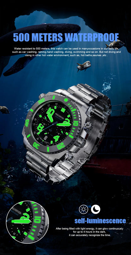 FeelNever Sport Automatic Movement Quartz Watch Stainless Steel Sapphire Crystal Watches Men 500M Waterproof Clocks Reloj Hombre