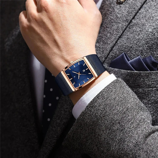 Montres-bracelets à quartz, nouvelles montres carrées pour hommes, couleur or rose, de haute qualité; montre de marque de luxe, modèle pour homme, cadran bleu.