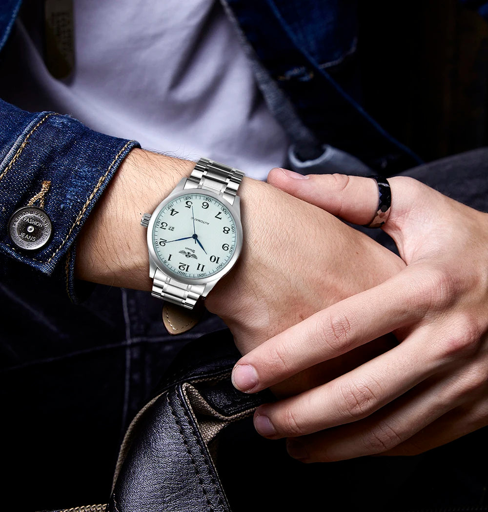 Montre classique pour homme – Style rétro avec calendrier et aiguilles bleues, mouvement mécanique automatique, marque de prestige, boîtier en acier et bracelet en cuir