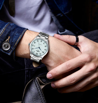 Montre classique pour homme – Style rétro avec calendrier et aiguilles bleues, mouvement mécanique automatique, marque de prestige, boîtier en acier et bracelet en cuir