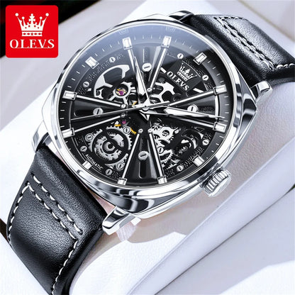 OLEVS 6685 Men's Watches Mechanical Wristwatch 30m Waterproof Luminous Leather Strap Original Man Watch