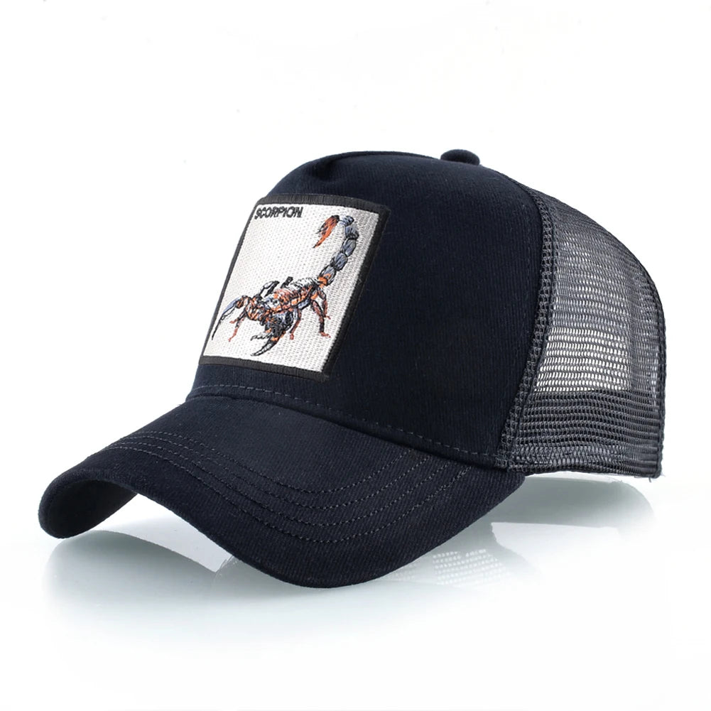 Unisex truckerpet met geborduurde schorpioenpatch – Baseballpet voor heren en dames – Snapback – Hiphop-pet – Ademende pet met klep voor buitengebruik