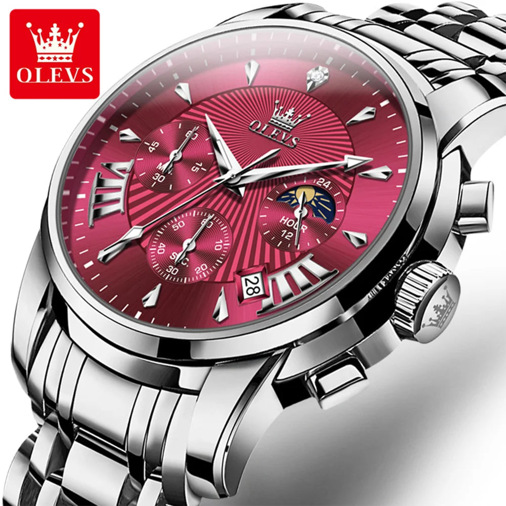 OLEVS Brand Fashion Red Watch For Men Luxury Sport Waterproof Stainless Steel Chronograph Quartz Watches Mens Relogio Masculino