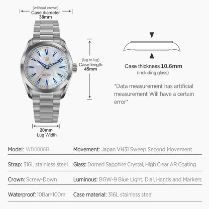 Watchdives WD0006B VH31 Quartz Wristwatches White MOP Dial AR Sapphire Luminous BGW9 100M Waterproof 38Mm Stainless Steel Watch