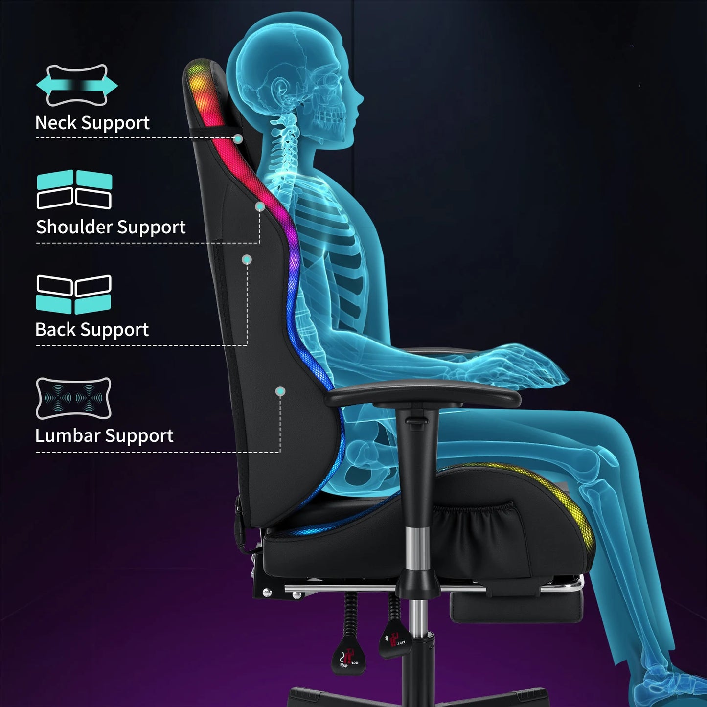 250Lbs Load LED Gaming Chair for Children 8-15Years, Adjustable Gamer Chair with LED Lighting, Footrest & Lumbar Support