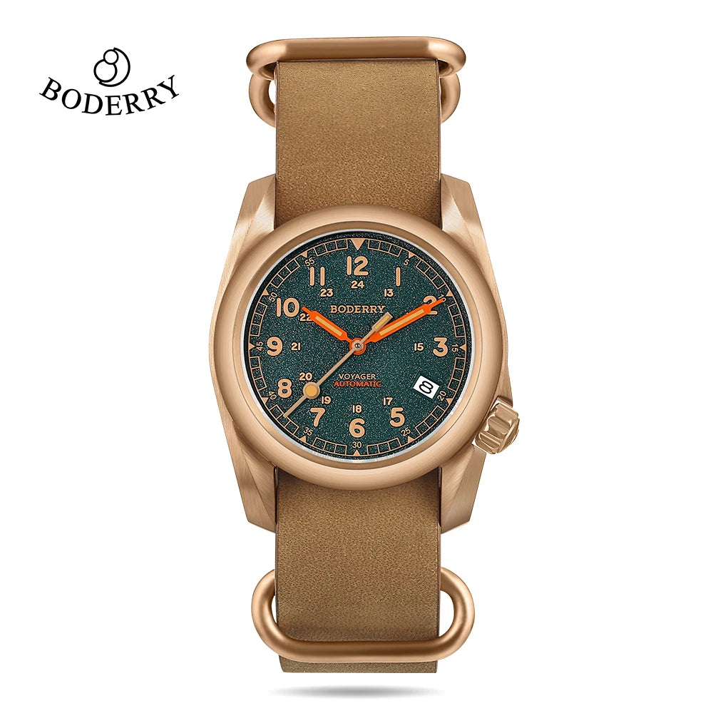 Boderry Field Watches Bronze Case Automatic Mechanical VOYAGER Watch Men's 100M Waterproof Clock Military Top Brand Wristwatch