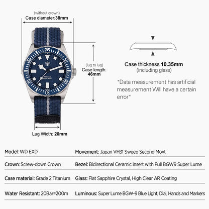Watchdives 38mm EXD Titanium Diver Watch Sapphire crystal mirror AR coated men's waterproof watch