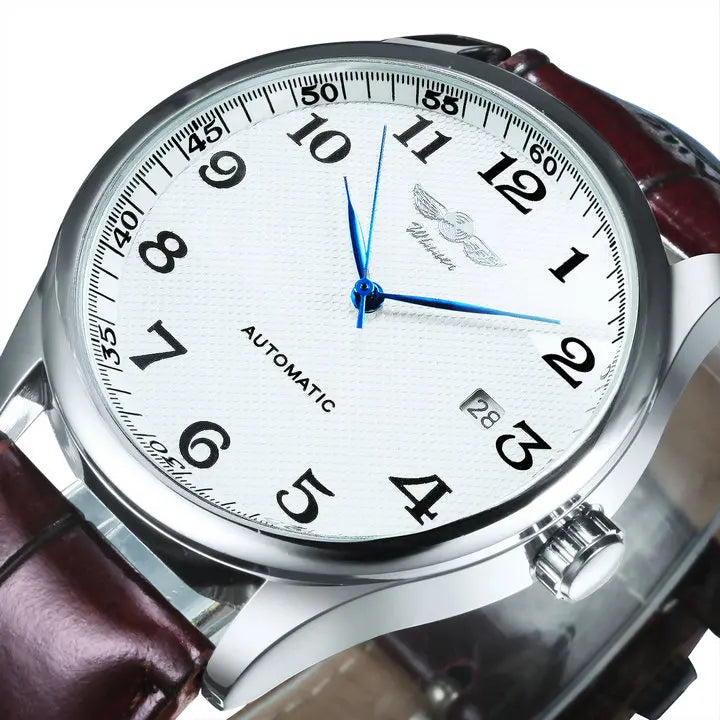 Montre classique pour homme – Style rétro avec calendrier et aiguilles bleues, mouvement mécanique automatique, marque de prestige, boîtier en acier et bracelet en cuir