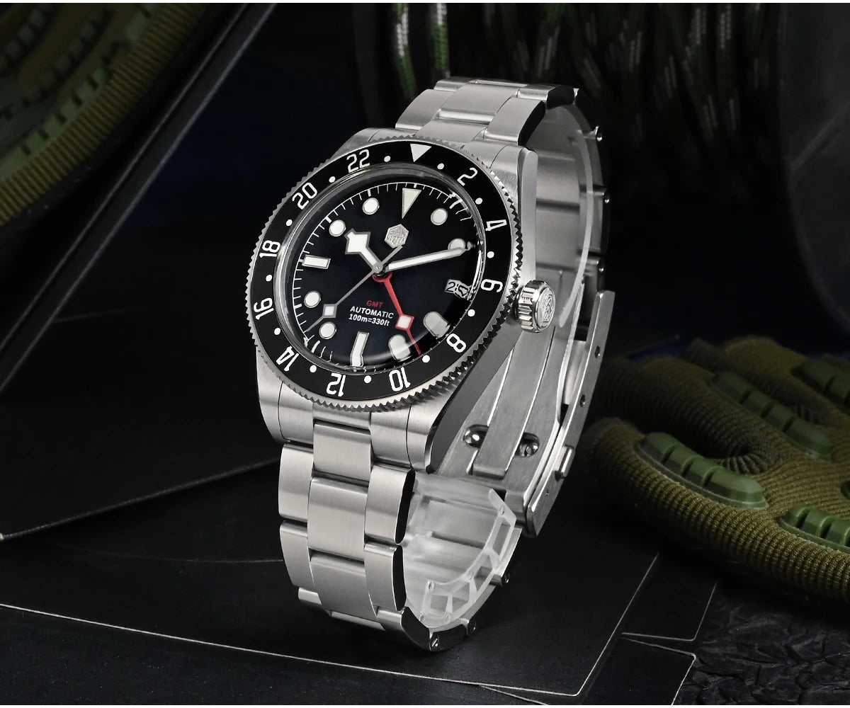 San Martin 39mm NH34 GMT Men Luxury Watch Bidirectional Aluminum Bezel Automatic Mechanical Sapphire 100M Waterproof  SN0109