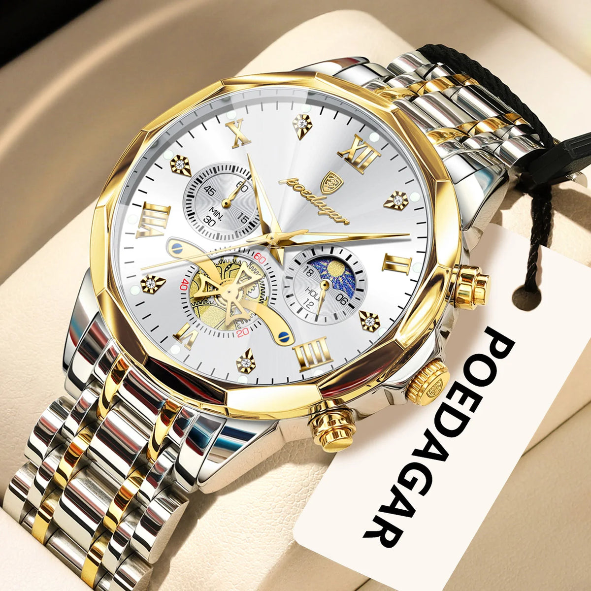 Reloj de lujo original para hombre POEDAGAR, resistente al agua, cronógrafo luminiscente, reloj de pulsera de acero inoxidable con mecanismo de cuarzo, relojes de alta gama para hombre