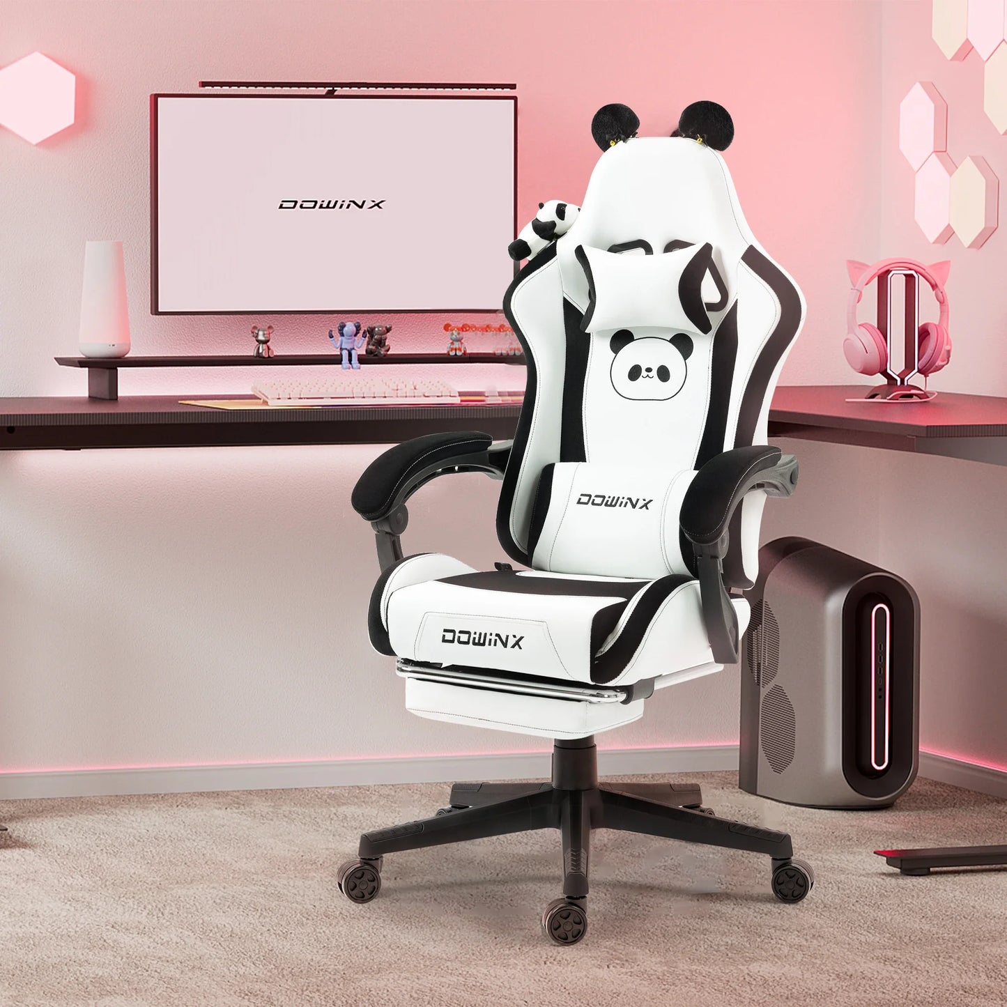 Niedlicher Gaming-Stuhl mit Katzenohren, Fußstütze, pinker Kawaii-Computerstuhl, ergonomischer Gamer-Sitz mit hoher Rückenlehne und Lendenstütze in Katzenpfotenform