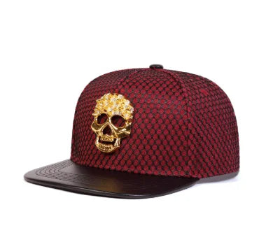 Skull Baseball Cap - Alloy Rhinestone PU Leather Brim Flat Cap, Hip-Hop Street Style Hat for Men & Women"
