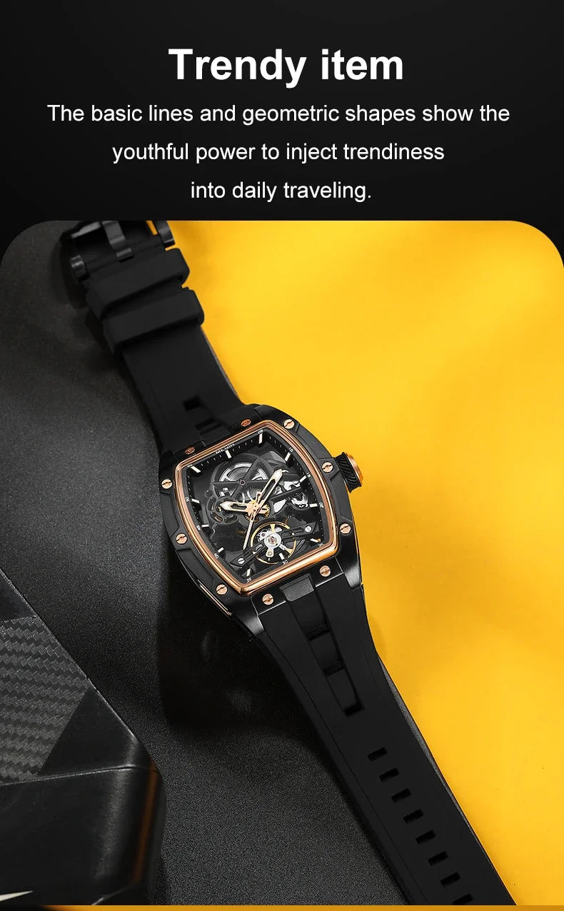 Relógio de pulso automático MEGIR para homem, com bracelete em silicone preto, impermeável, luminoso, desportivo e mecânico, com mostrador tonneau 2242