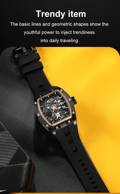 Relógio de pulso automático MEGIR para homem, com bracelete em silicone preto, impermeável, luminoso, desportivo e mecânico, com mostrador tonneau 2242