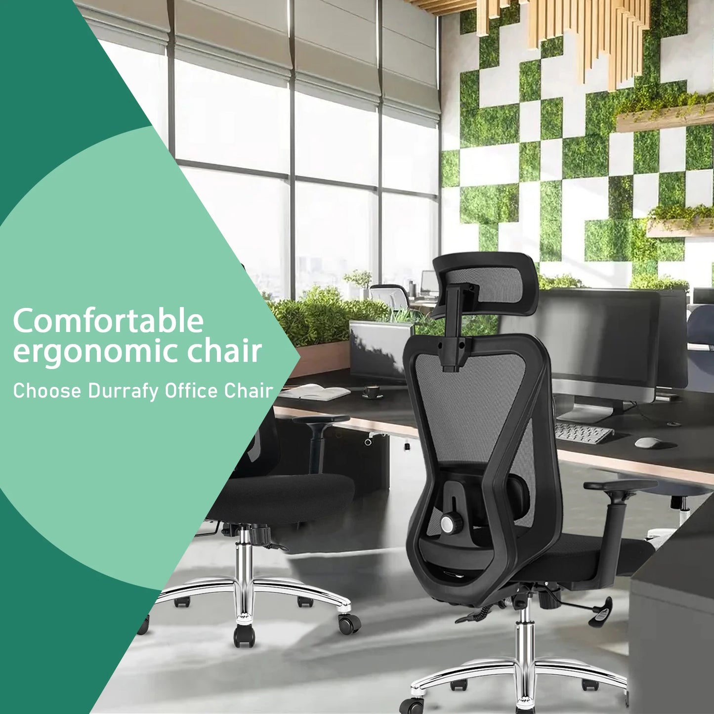 Durrafy Ergonomic Office Chair with Headrest & Armrests, Adjustable Swivel Desk Chair, 90°-130° Reclining Executive Mesh Chair for Home Office