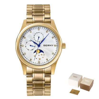 BERNY Men's Watch Date Weeks Moon Phase Quartz Watches for Men Stainless Steel Leather Strap Business Wristwatch Male Clock