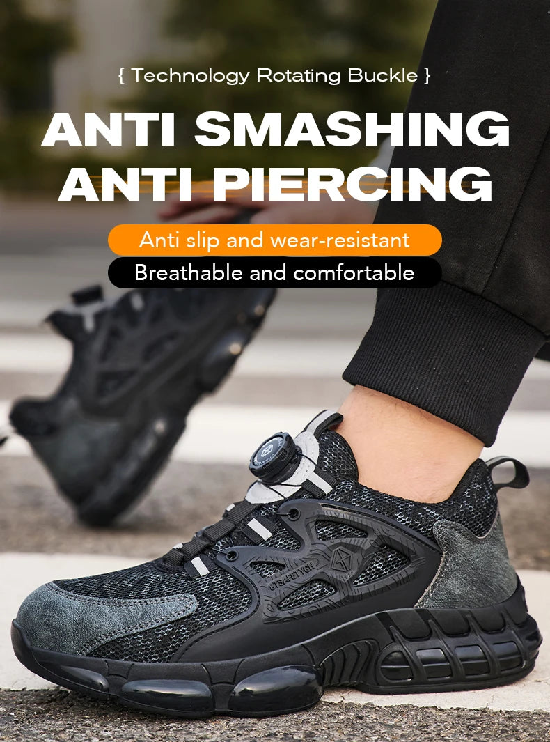 Zapatos de seguridad laboral para hombre talla 47 48 con diseño reflectante, puntera de acero, botón de rotación, zapatillas de trabajo y botas de seguridad protectoras