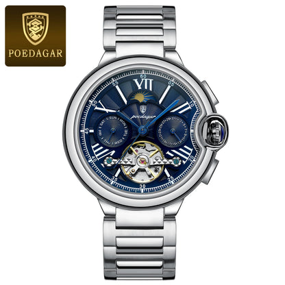 POEDAGAR Luxury Male Watch Tourbillon Date Week Stainless Steel Men Watch Waterproof Automatic Mechanical Military Men's Watches