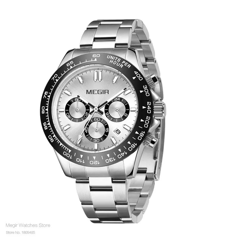 MEGIR men’s watch, luxury brand, quartz sports watch, stainless steel bracelet, water-resistant, chronograph, wristwatch