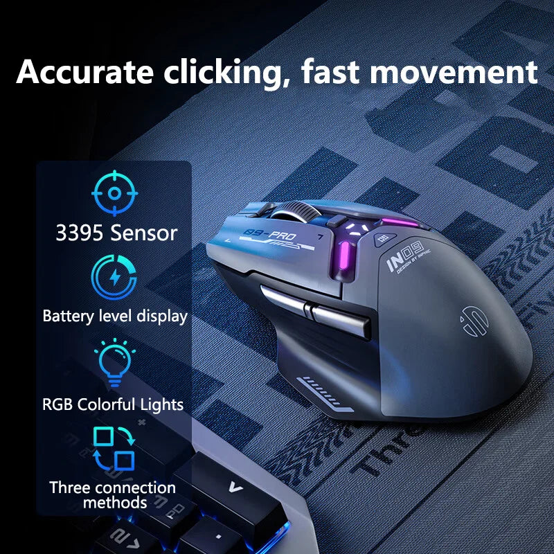Ratón gaming inalámbrico Inphic IN9PRO 26000DPI, tasa de sondeo 8K, Bluetooth 5.0, con cable, 2.4G, trimodo, RGB, ergonómico