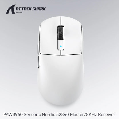 ATTACK SHARK R6 PAW3950MAX bezdrátová herní myš, polling 8Khz, ultralehká 39g, MCU Nordic 52840, optické mikrospínače Omron