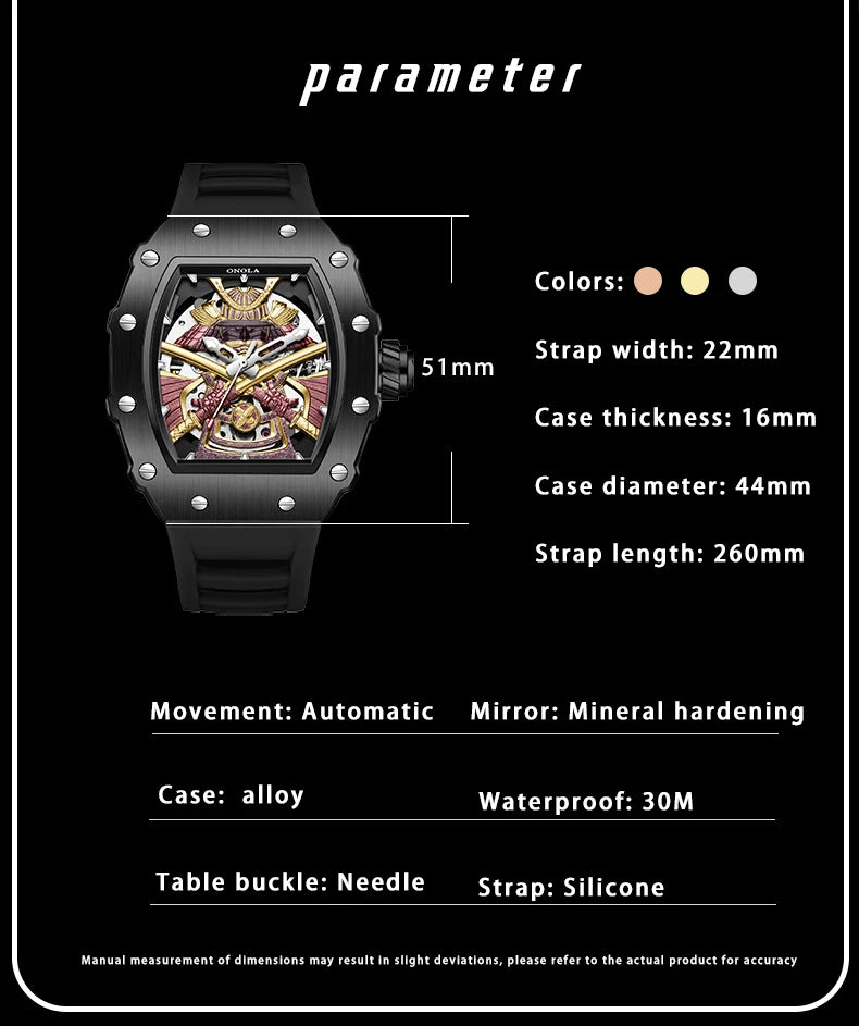 ONOLA Luxury Men Automatic Mechanical Watch Waterproof Watch Luminous Barrel Shape Military Sports Wristwatch Relogios Masculino