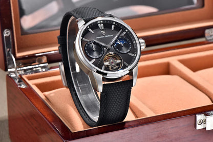 PAGANI DESIGN – Luxe mechanisch herenhorloge, 41 mm, saffierglas, leren band, waterdicht, pilotenstijl, met tourbillon en maanfase