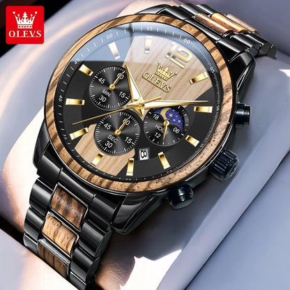 Montre homme OLEVS 3645 en bois, de luxe, avec éclairage nocturne, chronographe multifonctionnel, à quartz, style rétro, montre de sport tendance.