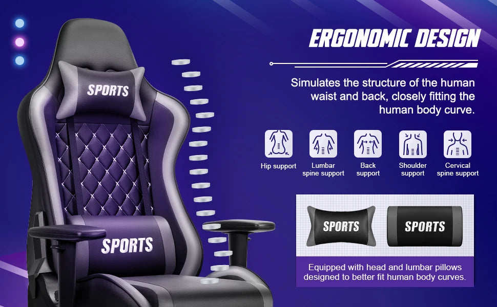 Daccormax Ergonomic Gaming Chair with Lumbar Support, 170° Reclining Office Chair, Adjustable Armrests, Comfortable Computer Chair for Work & Gaming