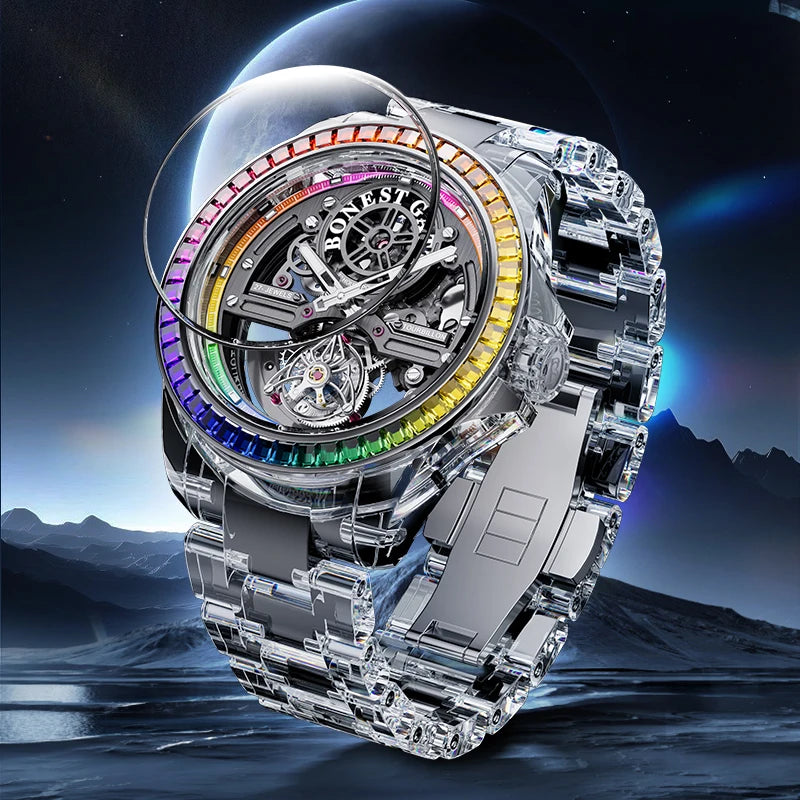 BONEST GATTI luxury Full Skeleton Automatic Mechanical Watch Sapphire Back 48 Rainbow Diamonds Luminous Luxury Wristwatch Men