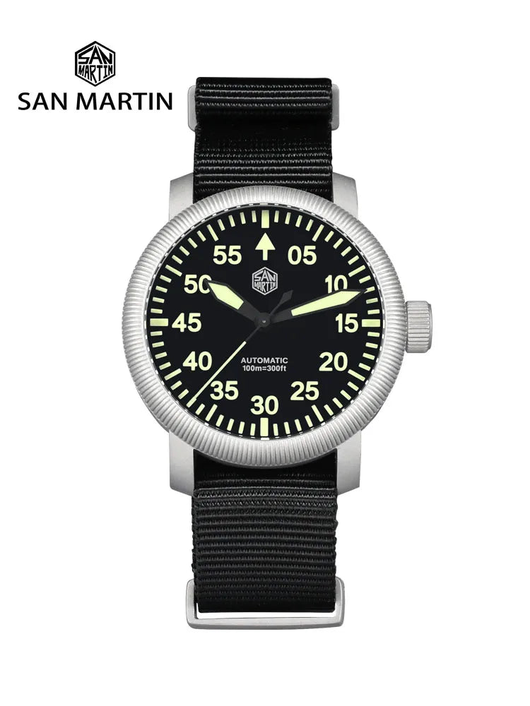 San Martin New 40mm Retro Pilot YN55 Automatic Mechanical Fashion Simple Style Men Wristwatch 100m Waterproof C3 Luminous SN0143